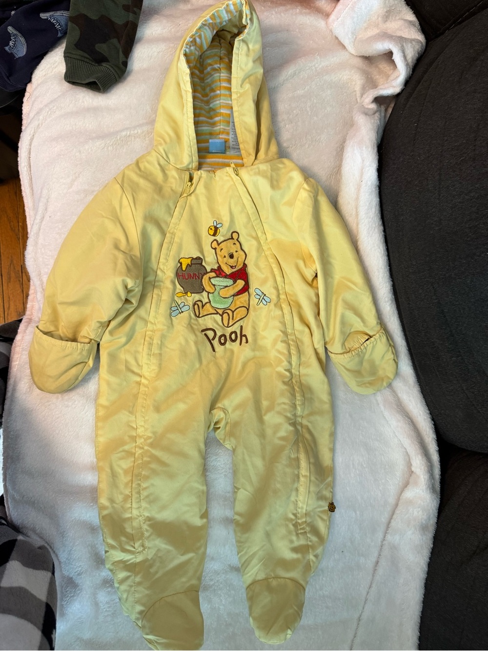 Disney Yellow Winnie the Pooh Hooded Baby One-Piece Footie